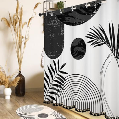 Boho Mid Century Leaf Shower Curtain Set,Arch Sun Design,Minimalistic Leaves Pattern,Waterproof and Luxurious Fabric-12 Hooks(Black-72" x 96")