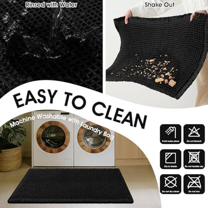 Upgraded Waffle Bath Mat, 32"x20" Black & White, Super Absorbent Non-Slip Quick Dry Bathroom Rugs with Tassels, Machine Washable Ultra Soft Boho Bath Rugs for Floor, Toilet Mats Boho Farmhouse Decor