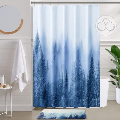 ORTIGIA 54x78 Misty Forest Stall Shower Curtain for Small Bathroom, Blue Narrow Nature Woodland Shower Curtain Set with Hooks, Waterproof Fabric Pine Tree Fog Magic Home Bath Curtain