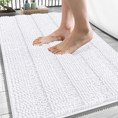 OLANLY Thick Bathroom Rugs 34x21, Soft Chenille Striped Bath Rugs, White