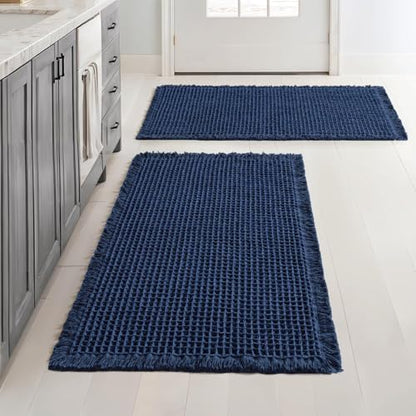 MIULEE Set of 2 Waffle Bathroom Rugs Boho Bath Mat Navy Blue 18x30 Inch