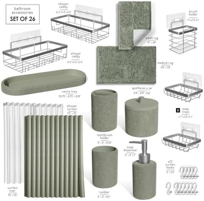 Clara Clark Sage Green Bathroom Set - Bathroom Sets with Shower Curtain and Rugs, 26PC Bathroom Accessory Set, Shower Curtain Set with Adhesive Corner Shower Caddy Hanging & Soap Dispenser