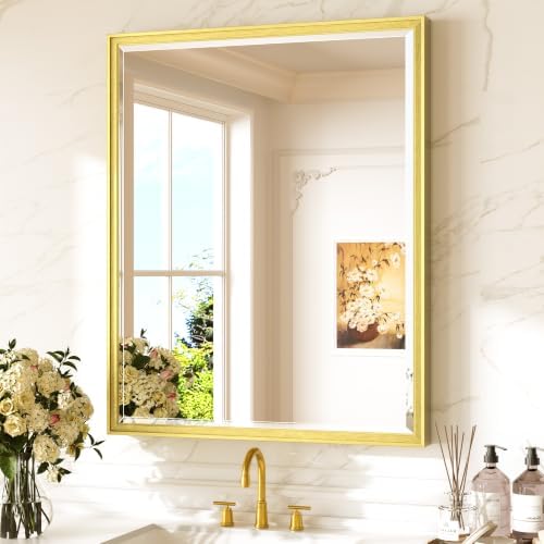Keonjinn 30" x 36" Gold Bathroom Mirror, HD Tempered Glass, Aluminum Alloy