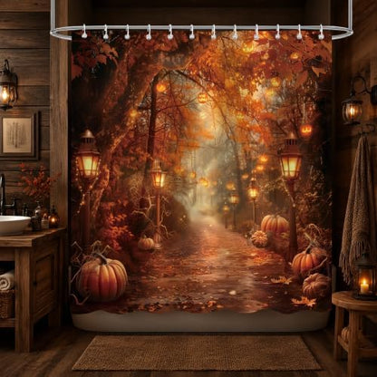Fall Pumpkins Shower Curtain，Halloween Autumn Thanksgiving Harvest Forest Rural Trail Bathroom Decor，72 x 84 Inch Polyester Fabric Waterproof Bathroom Curtain with Hooks