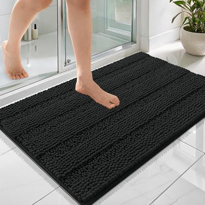 OLANLY Thick Bathroom Rugs 36x24, Soft Chenille Striped Bath Rugs, Black