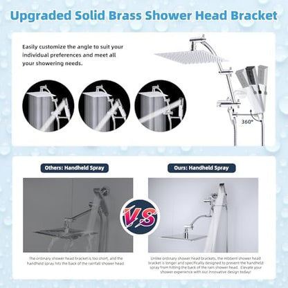 Hibbent All Metal CUPC Certified 8'' Rainfall Shower Head, Dual Shower Head Combo with 4 Handheld Sprays, High Pressure Shower Wand, 16'' Adjustable Extension Arm, 71'' Hose, Shower Holder, Chrome