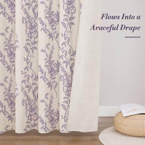 Purple Linen Farmhouse Shower Curtain, Boho Floral Bathroom 72x84