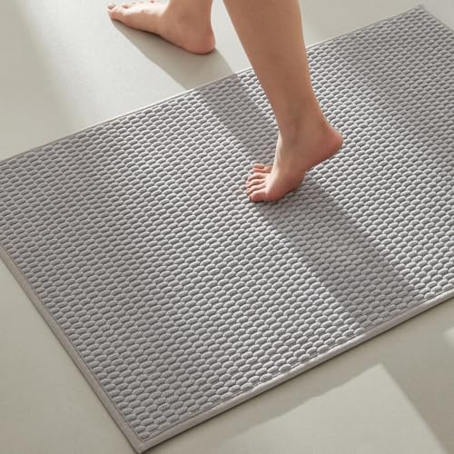 TYUU Bathroom Rugs Non Slip Washable, Super Absorbent Thin Bath Mat Quick Dry Low Pile Bathroom Rug, Light Grey 24"x47"