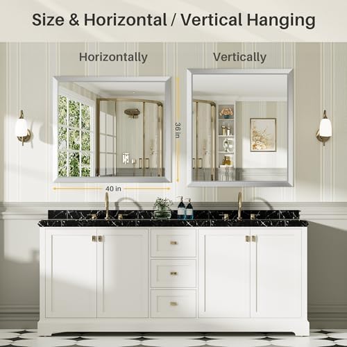 Briivue Bathroom Wall Mirror, Silver Brushed Nickel Metal Frame, 40x36 Inch
