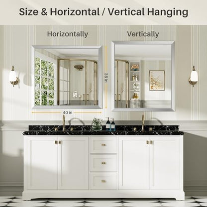 Briivue Bathroom Wall Mirror, Silver Brushed Nickel Metal Frame, 40x36 Inch