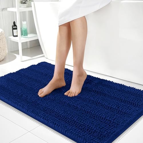OLANLY Thick Large Bathroom Rugs 40x24, Soft Chenille Bath Rugs, Navy