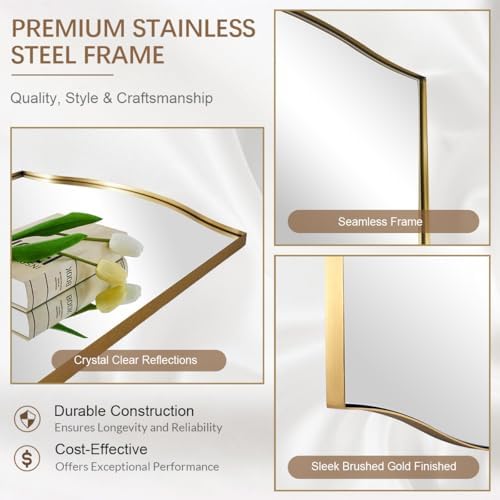 ANDY STAR Gold Bathroom Mirror, 24"x30" Scalloped Wall Mirror in Stainless Steel Metal Frame, Unique Vanity Mirror with Modern Curved Edge Design, Ideal for Bathroom, Bedroom, Entryway