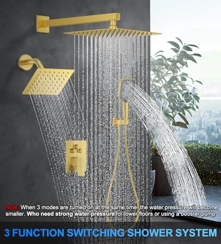 Woindo Shower Faucet Set, 10" Wall Mount Rainfall Shower System with 2 Rain Shower Head and Multi-function Handheld Head Push Button Diverter Shower Faucet Trim Kit