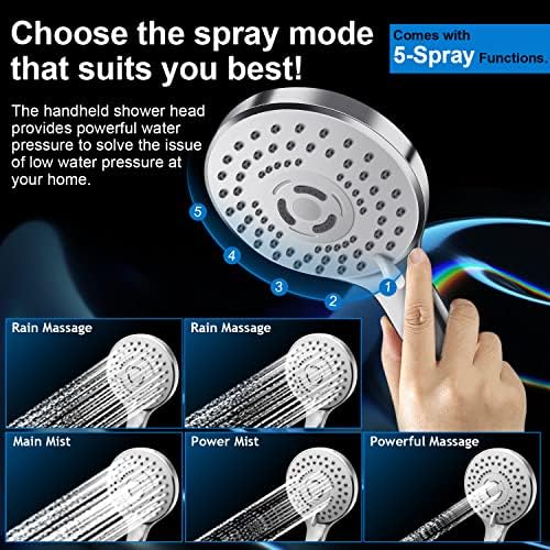 PinWin Modern 12" Large Square Rain Showerhead with 5 Modes Handheld Showerhead Combo, Adjustable Arm, Easy Tool-Free Installation