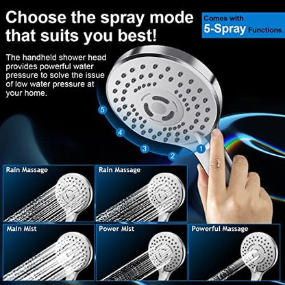 PinWin Modern 12" Large Square Rain Showerhead with 5 Modes Handheld Showerhead Combo, Adjustable Arm, Easy Tool-Free Installation