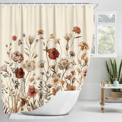 Vintage Boho Beige Floral Shower Curtain, Brown Cream Tan Rustic Farmhouse Flower Shower Curtain Set, Cute Botanical Wlidflowers Fabric Shower Curtains Decoration, 72X72 Aesthetic Bathroom Accessories