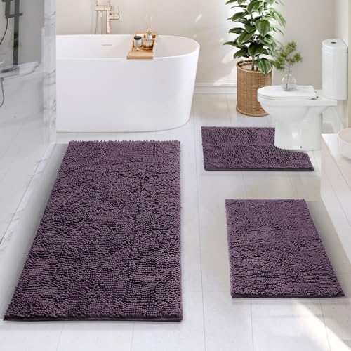 Hearth & Harbor Bathroom Rugs, Chenille Bath Mat - Machine Washable Bath Mats for Bathroom Non-Slip Backing Rubber, Quick Dry Mat - Purple Bath Rug, 17x24-26x44-20x24