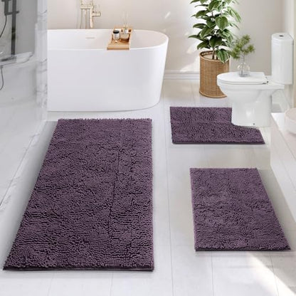 Hearth & Harbor Bathroom Rugs, Chenille Bath Mat - Machine Washable Bath Mats for Bathroom Non-Slip Backing Rubber, Quick Dry Mat - Purple Bath Rug, 17x24-26x44-20x24