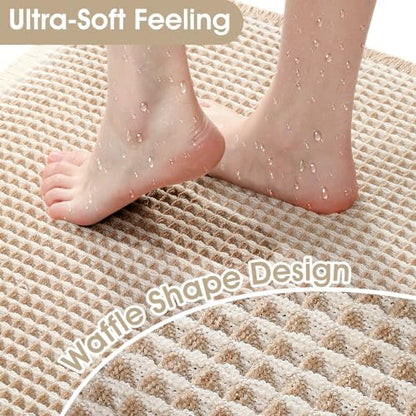 Upgrade Waffle Bath Mat, Boho Bathroom Rugs Absorbent Non Slip, Ultra Soft Bathroom Mat, Machine Washable Knit Bath Rugs with Stripe for Bathroom, Bedroom, Kitchen, Shower,Tub, 32"x20", Beige & White