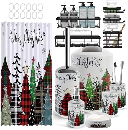 Clara Clark Bathroom Accessories Set - Christmas Bathroom Set with Adhesive Corner Shower Caddy Hanging, 24PC Bathroom Accessory Set, Christmas Shower Curtain Set with Toilet Brush and Trash Can
