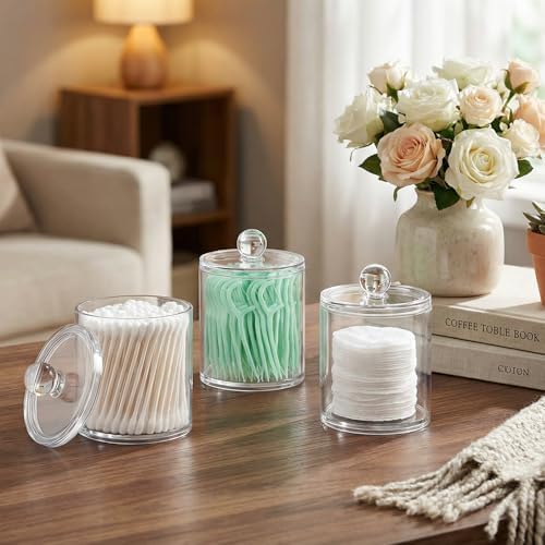 SheeChung 4 Pack Acrylic Qtip Holder with Labels, Qtip Jars for Bathroom