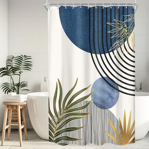 Mid Century Blue Green Boho Abstract Modern Bathroom Shower Curtain Set