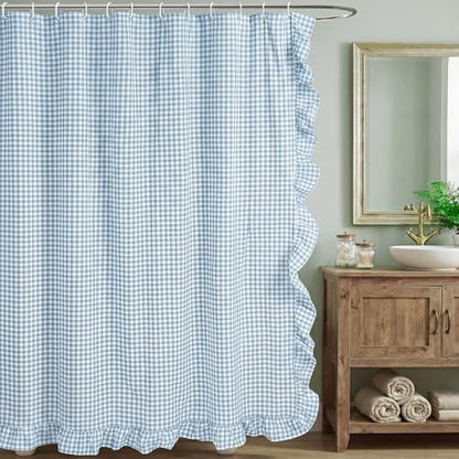 HunnmingRe Ruffled Gingham Shower Curtain Light Blue