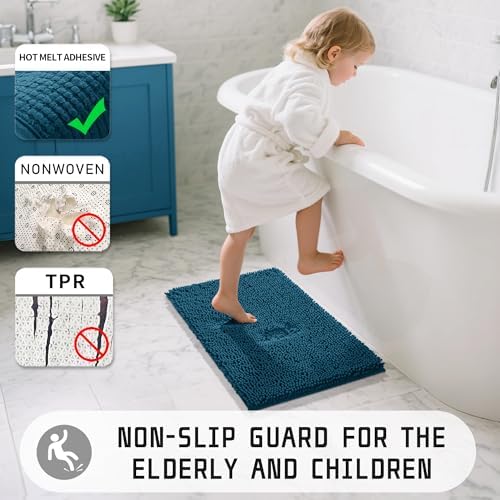 Yimobra Long Bathroom Rugs 44"x24", Extra Soft Non Slip Bath Mat for Tub, Super Absorbent Quick Dry Shaggy Rug Floor Carpet, Machine Washable,Peacock Blue