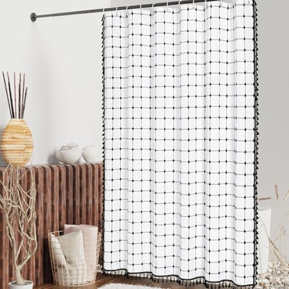 Boho Farmhouse Classic Plaid Linen Tassel Shower Curtain White Black,72x72