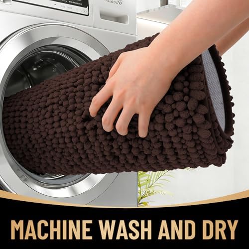 OLANLY Thick Chenille Bathroom Runner Rugs 70x24, Absorbent Bath Mat, Brown