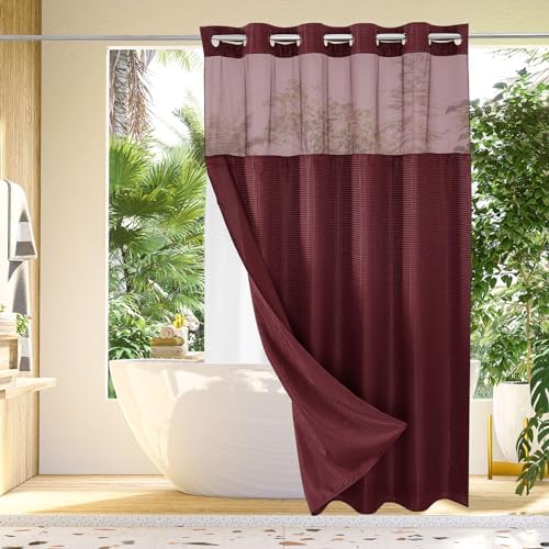 Gibelle No Hook Cloth Burgundy Shower Curtain with Liner, 72x74