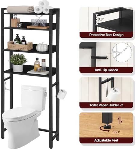 MAHANCRIS Over The Toilet Storage Rack, 4 Tier Bathroom Organizer Over Toilet, Freestanding Space Saver Toilet Stand with 2 Hooks, Bathroom Storage Shelf, Easy to Assemble, Black TSHB0401