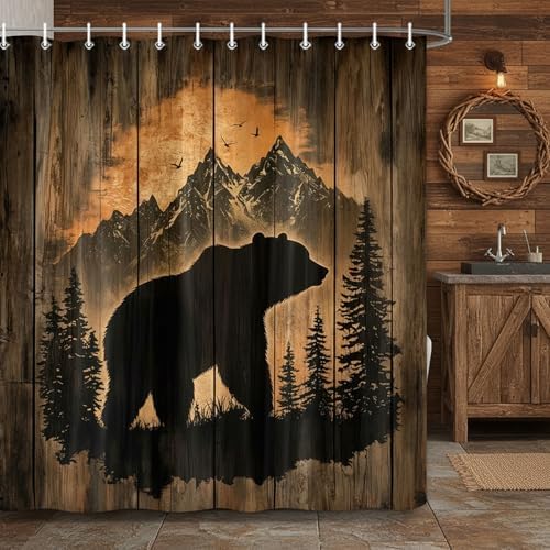 Rustic Cabin Shower Curtain for Bathroom, Forest Bear Wooden Bath Curtains, Wildlife Country Hunting Camping Waterproof Fabric Bathroom Curtain Accessories Set with Hooks,60X70IN