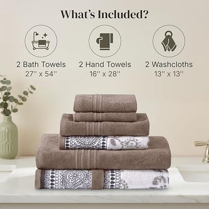 Modern Threads 6 Piece Bath Towel Set – Bathroom Set with 2 Bath Towels, 2 Hand Towels, and 2 Wash Cloths – 100% Cotton, Super Absorbent & Extra Soft – Reversible Floral Trail (Taupe Brown)