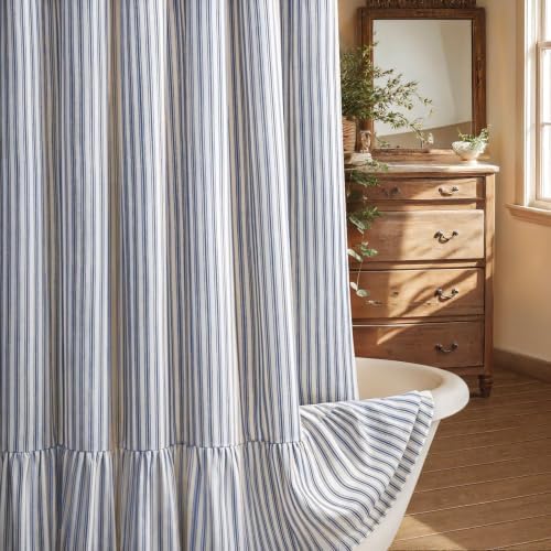 Farmhouse Shower Curtain Ruffle Linen Cream-Blue Stripe 72"W x 96"L