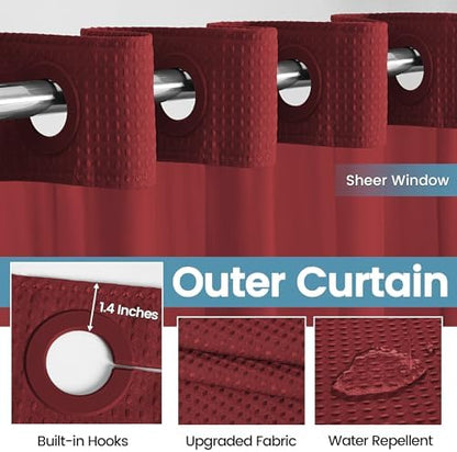 EUTXL Heavyweight Waffle No Hook Shower Curtain with Liner, Burgundy, 71x74