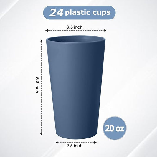 HEYCOME 24 Pcs Unbreakable Plastic Cups Set, 20 oz Reusable Plastic Cups, Stackable Water Tumblers, Drinking Cup for Kitchen, Outdoor, BPA-free, Dishwasher Refrigerator and Microwave Safe, Dark Blue