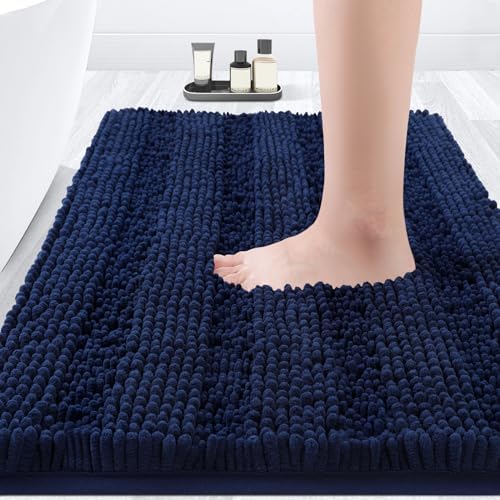 ACCUMTEK Striped Navy Blue Bathroom Rug Mat 36"x24" Ultra Soft, Non Slip Chenille Bath Rugs, Absorbent Plush Shaggy Bath Mats for Bathroom, Bedroom, Kitchen, Shower, Tub