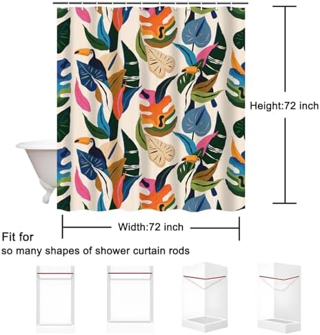 Colorful Leaf Shower Curtain, Boho Bird Abstract Art Jungle Plant Bathroom Curtain with 12 Hooks, Modern Asthetic Waterproof Polyester Fabric Bathroom Decor with Hooks 72x72 Inch
