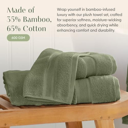 Springtree Home Luxury Bamboo Rayon Bath Towel Set | 4-Pack | Lily Green