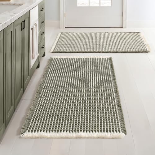 MIULEE Set of 2 Waffle Bathroom Rugs Boho Bath Mat Green&Cream 20x32 Inch