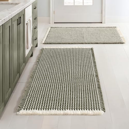 MIULEE Set of 2 Waffle Bathroom Rugs Boho Bath Mat Green&Cream 20x32 Inch