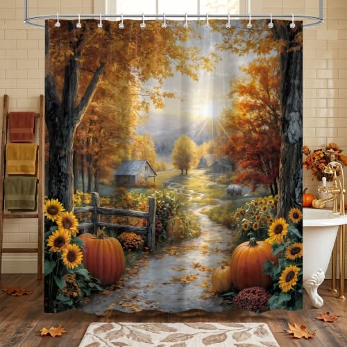 Autumn Country Road Shower Curtain, 72 x 84 Inch Fall Landscape Bathroom Curtain with Pumpkins, Sunflowers, Trees and Farmhouse Path Decor