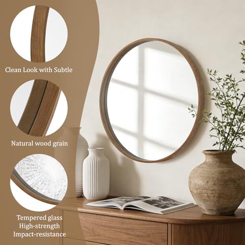 WallBeyond Wood Round Mirror with Wood Frame 24 inch Circle Wall Mirror for Bathroom Round Wall Mirror for Wall Decor, Vanity, Entryway Living Room (Walnut)