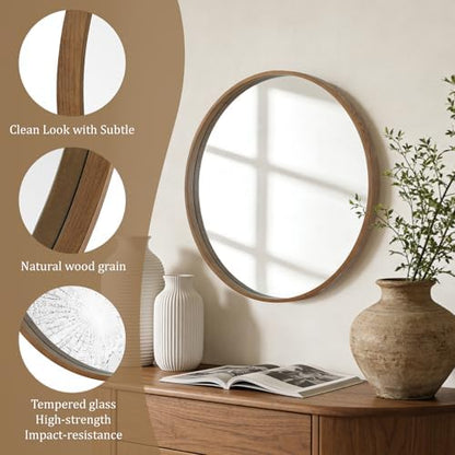 WallBeyond Wood Round Mirror with Wood Frame 24 inch Circle Wall Mirror for Bathroom Round Wall Mirror for Wall Decor, Vanity, Entryway Living Room (Walnut)