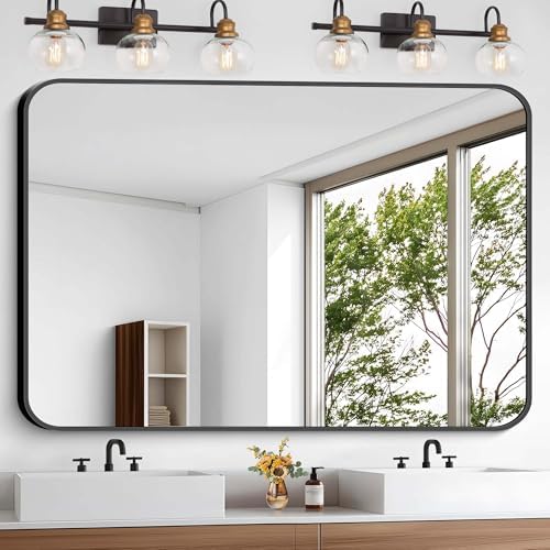Bathroom Mirror, 48x36 inch Black Rectangle Wall Mirror, Metal Frame Rounded Corner Vanity Mirror, Large Wall Mounted Mirror for Over Sink Bedroom Living Room Horizontal Or Vertical Mounting