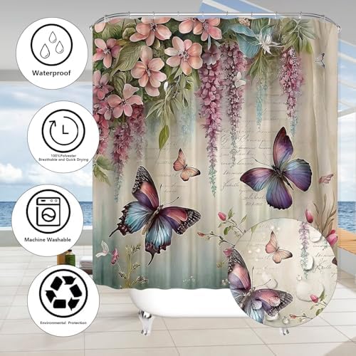 Chrainy 4pcs Spring Butterfly Shower Cutain Set Bathroom Decor with Rugs