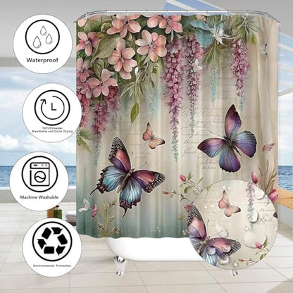 Chrainy 4pcs Spring Butterfly Shower Cutain Set Bathroom Decor with Rugs