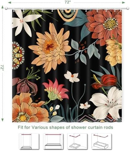 Shower Curtain Boho Floral, Tropical Summer shower curtain Mid-Century Abstract Boho Flowers Chic Shower Curtain Set Waterproof Polyester Fabric Machine Washable Home Farmhouse Decor Bath Curtains