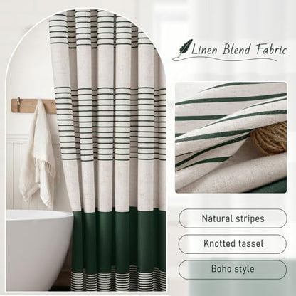 Dark Green Boho Linen Striped Shower Curtain with Tassel 72"W X 72"L